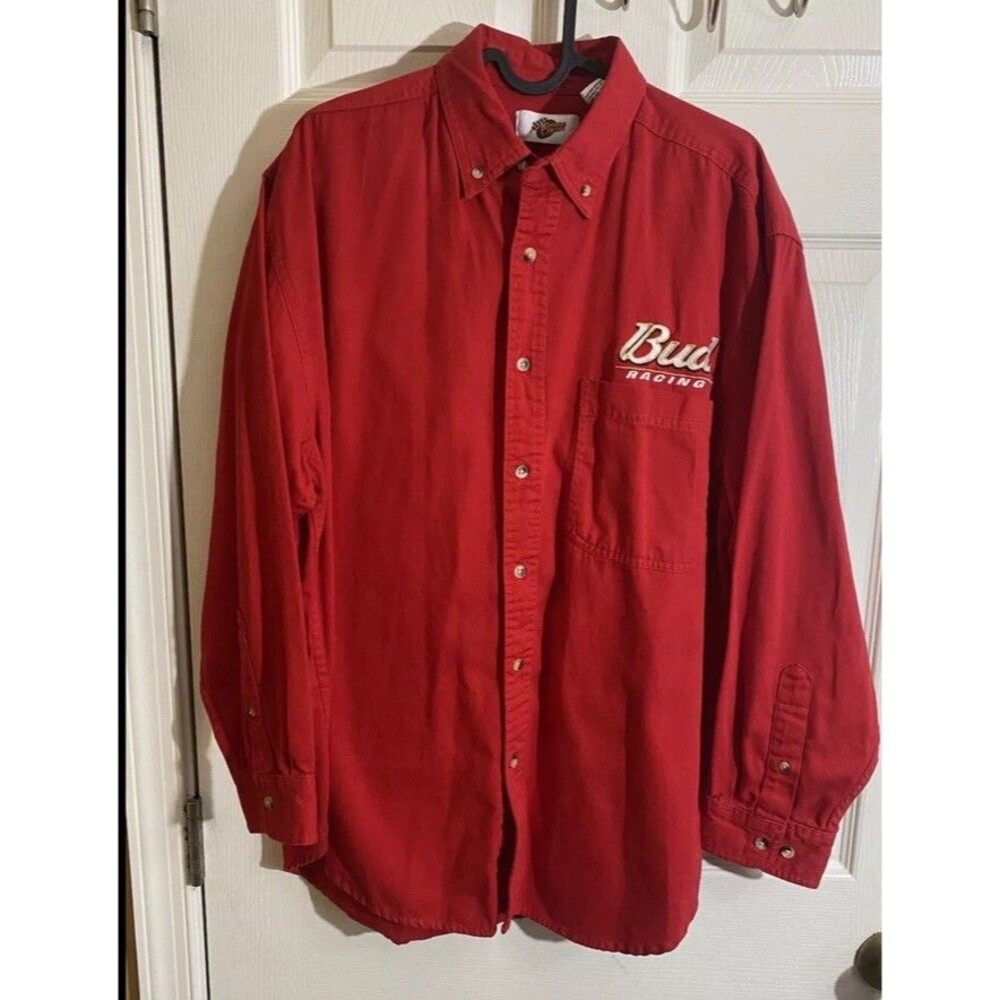 Winners Circle Bud Racing Dale Earnhardt Jr Embroidered Red Button Up Tee Sz L